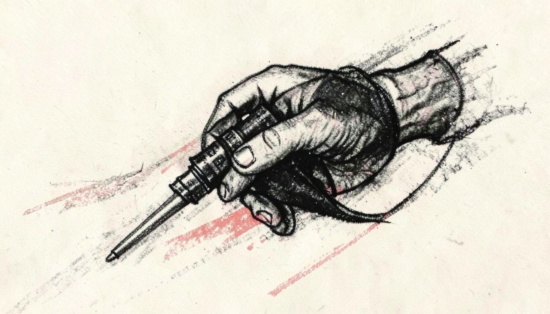 A charcoal drawing of a hand holding a tattoo machine, bold black lines with soft grey shading on a light cream background.